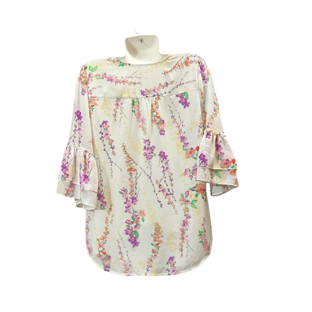 Belle by Kim Gravel Women's Floral Print V-Neck Blouse w/ Flutter Sleeves SZ S - Picture 2 of 9